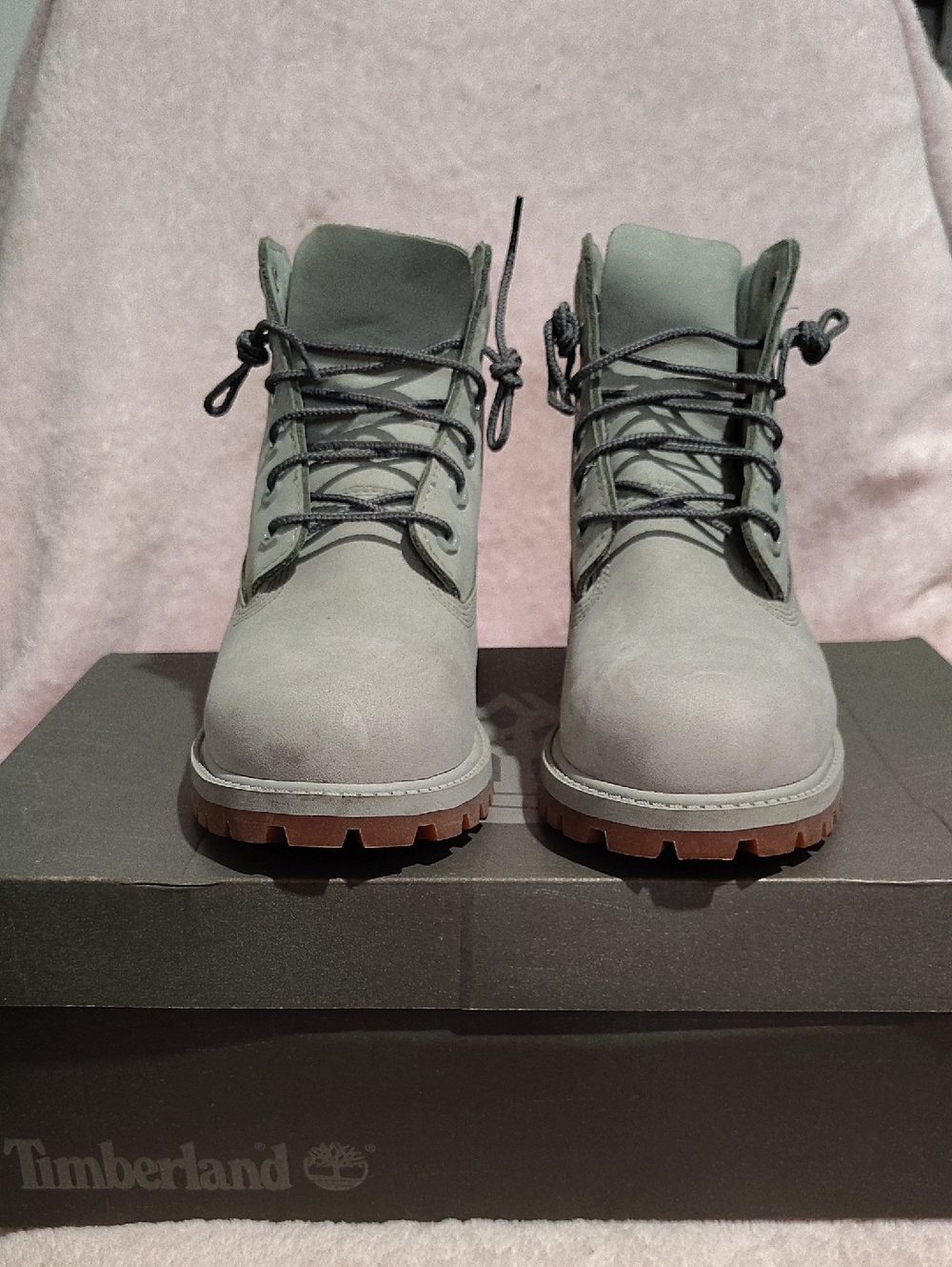 Timberland Light Gray Nubuck Lace-Up Boots with Brown Lug Soles